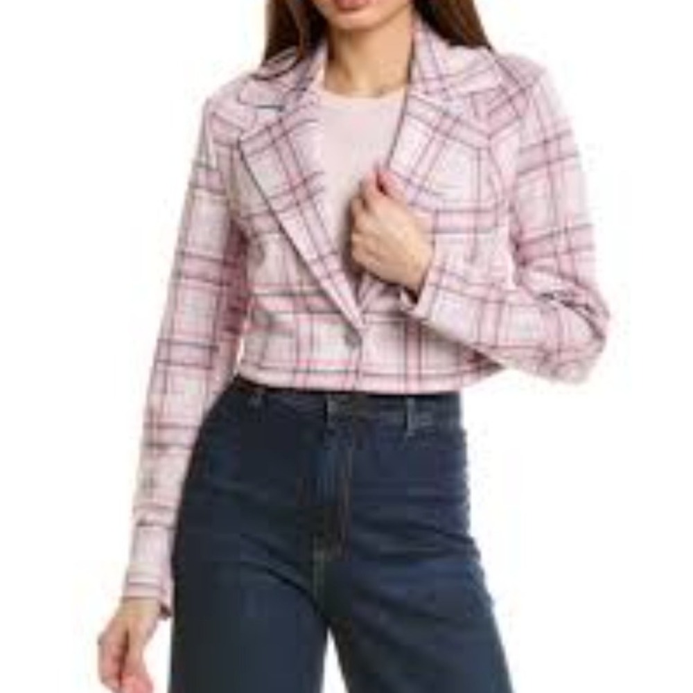 CAbi Pink‎ Plaid Cropped Jacket Medium Button Front Blazer Academia Preppy Girl